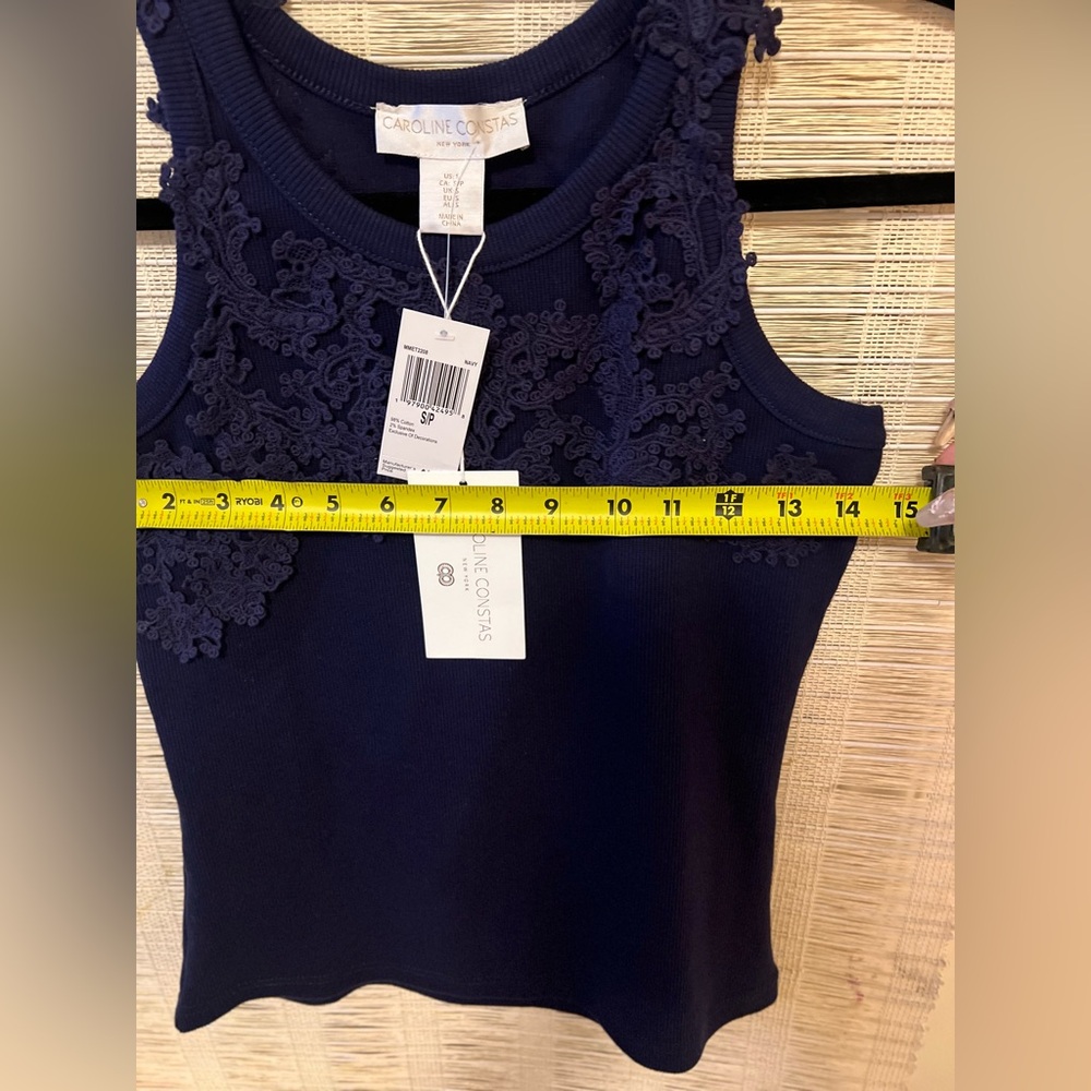 Caroline Constas Beautiful & Elegant Navy Blue Lace-Embellished Top Sz. S - Picture 8 of 14